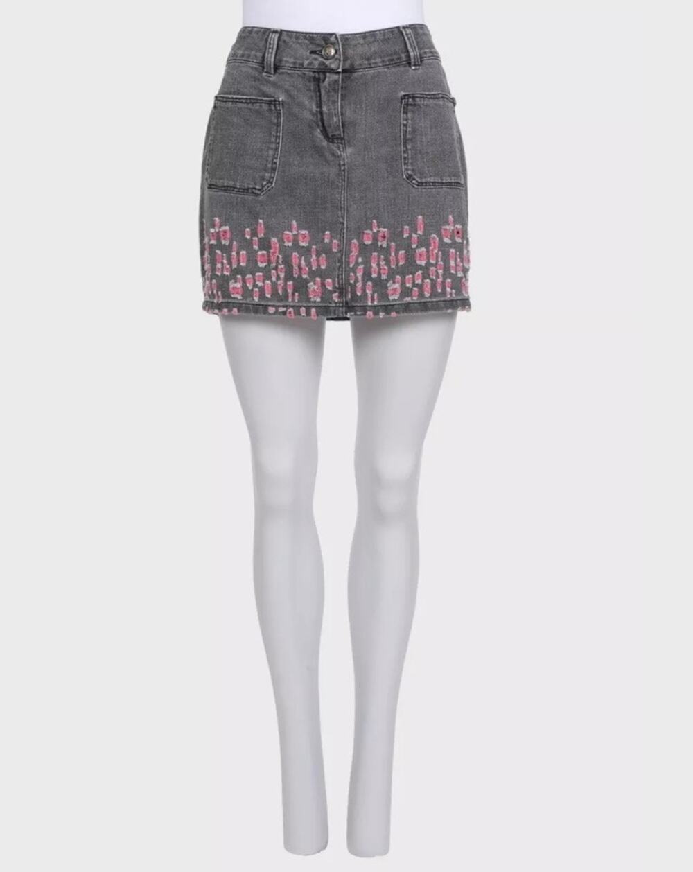 CHANEL Gray Distressed Denim Mini Skirt, FR 38